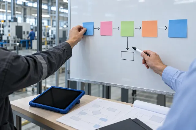 Two people mapping a process on a whiteboard with sticky notes and arrows, next to the shop floor